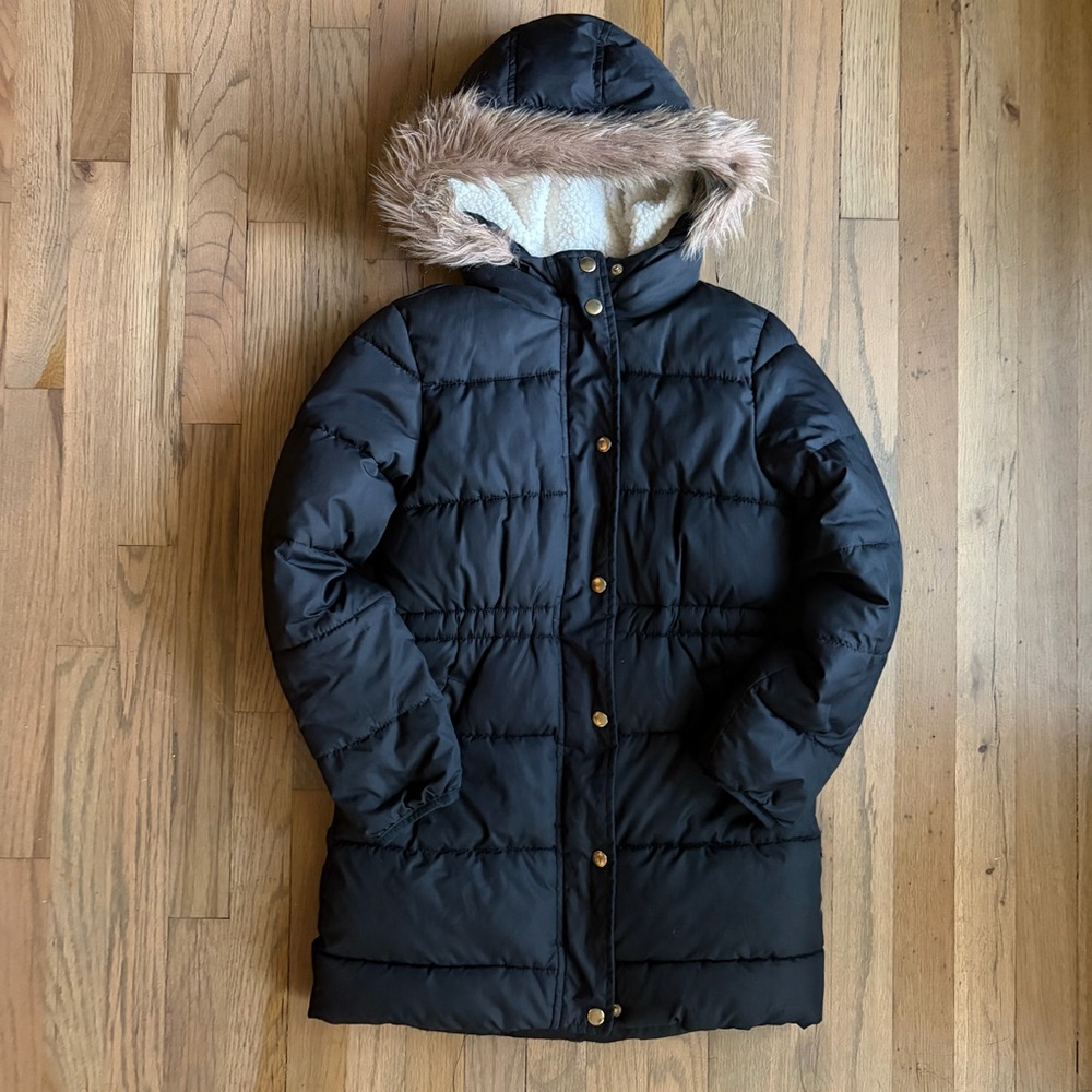Old Navy Black Parka Coat with Frost Faux Fur Hood Trim, Size L